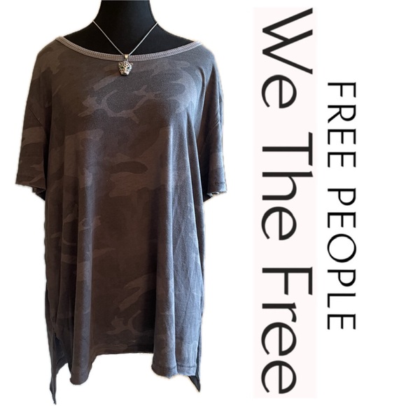 Free People We The Free Oversized Grey Gray Army Camo Raw Edge Soft T-Shirt Top - Picture 2 of 7